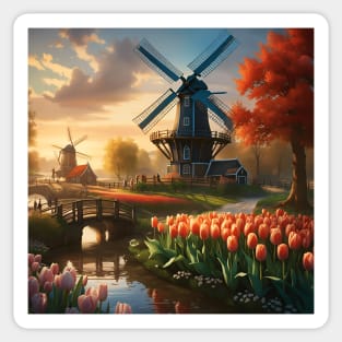 Windmill in Dutch Countryside by River with Tulips Sticker